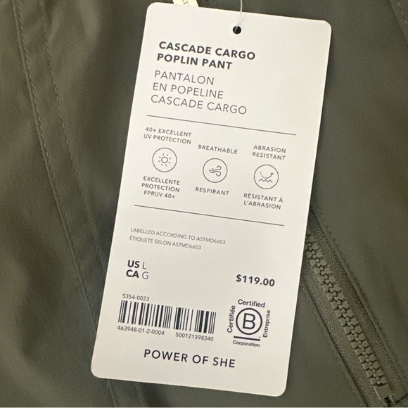 Athleta L Green Pants Cascade Cargo Poplin Pant Moss Breathable UV Prot NWT $119 - Picture 10 of 10